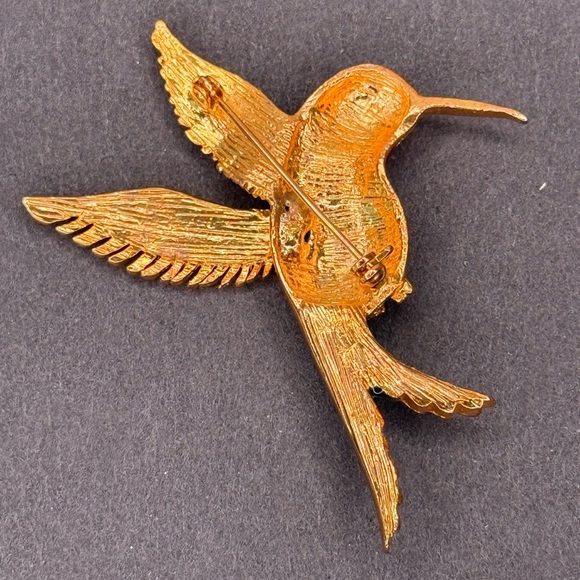Vintage Enamel Hummingbird Brooch Pin Colorful Gold Tone Bird Jewelry Rhinestone - Picture 5 of 6